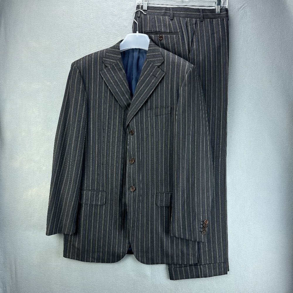Mabro Suit‎ Mens IT 54L US 44L 2PC 34x30.5 Brown Blue Striped Wool Super 100s